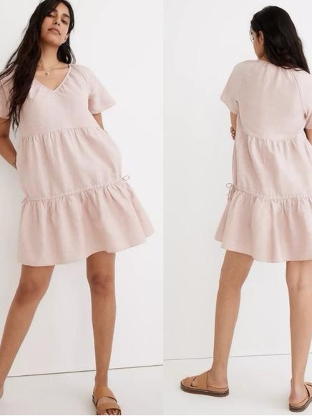 Madewell Light Pink Tiered V-Neck Casual Dress Linen Blend